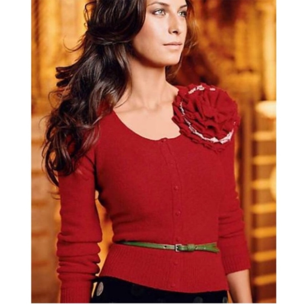EUC Anthropologie Sleeping on Snow Red Flower Cardigan Medium - Picture 2 of 11